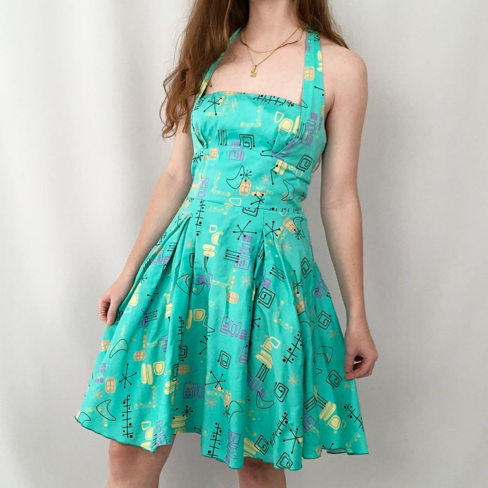 Vintage MCM Pin-Up Novelty Jetsons Space Geometric Print Mini Summer Dress USA - Picture 1 of 9
